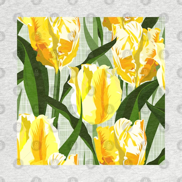 Big yellow parrot tulips on linen texture by kobyakov